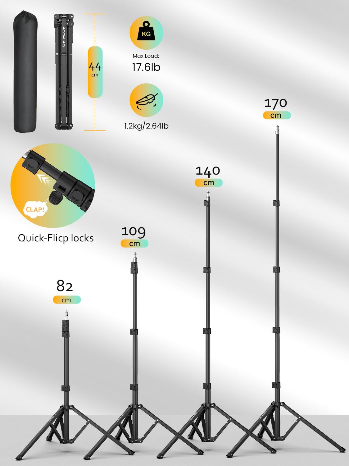 Aochuan 1.7M Complete Camera Tripod For Smartphones Camera Gimbal Stabilizers W/ 0.44M ~1.7M Aluminum Alloy Lighting Stand(T20)