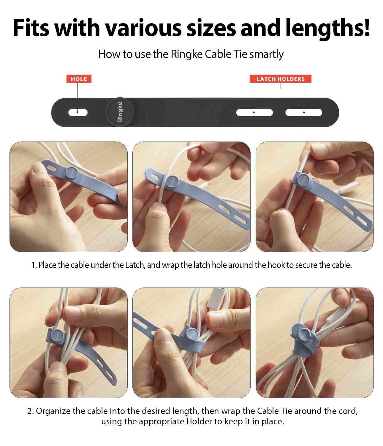 Ringke Silicone Cable Ties [Reusable Cable Management] Flexible Cord Organizer, Adjustable Length Long Lasting Durable Cable Cli