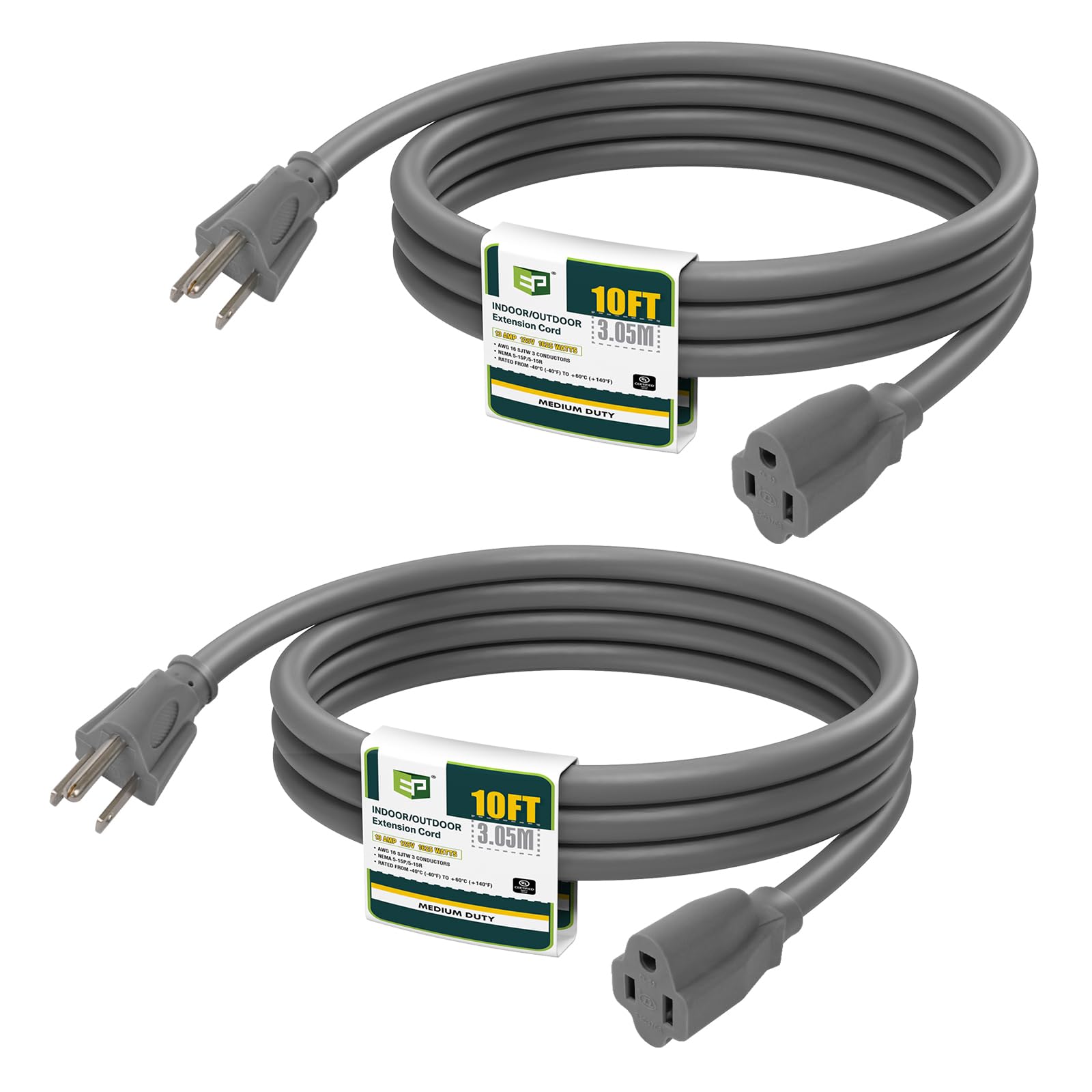 Ep 2 Pack 10 Ft Outdoor Extension Cord, 16/3 Sjtw Heavy Duty Power Cord, 3 Prong Grounded Plug, Waterproof, Cold Resistant, 13A