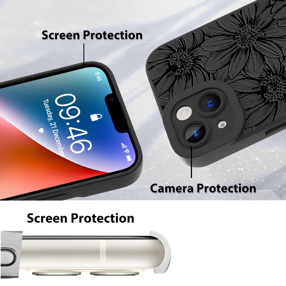 Mzelq For Iphone 14 Case, Silicone Black Floral Flowers Sunflowers Cute Pattern, Camera Protection Soft Slim Phone Case For Ipho