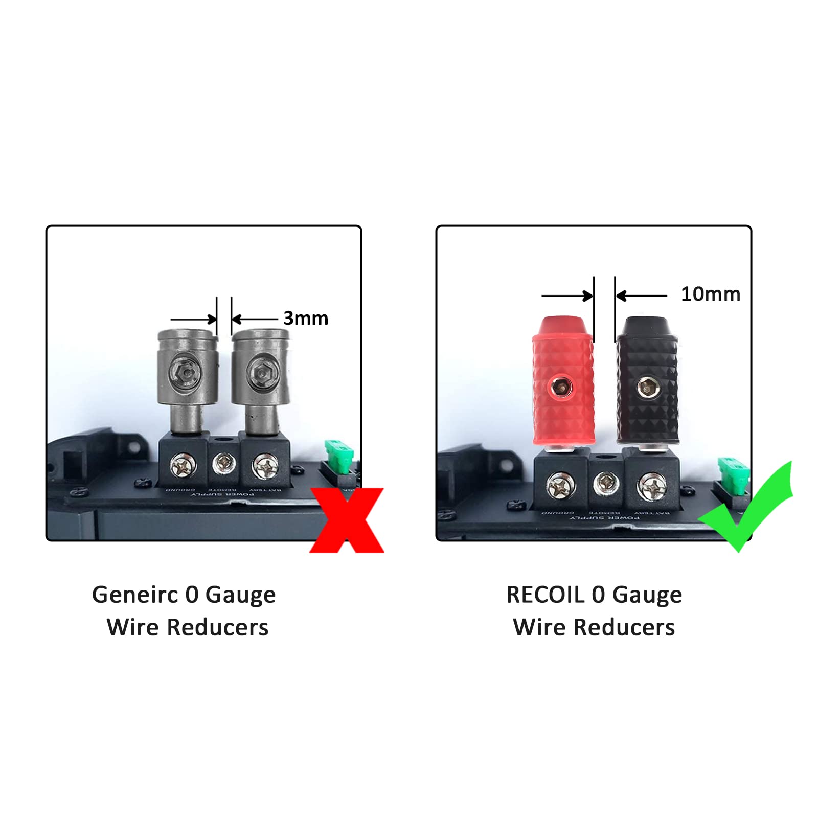 Recoil Wr04Q Amplifier Power/Ground Input Wire Gauge Reducer Brass 1/0 Gauge To 4 Gauge With Red/Black Silicon Covers, Marine Gr