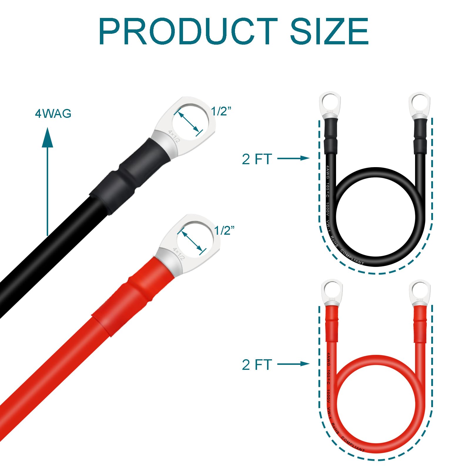 Qiatol Battery Cable, 4 Awg Battery Cables With Terminals, 2Pcs Copper Battery Cables., Red & Black(2Pcs)