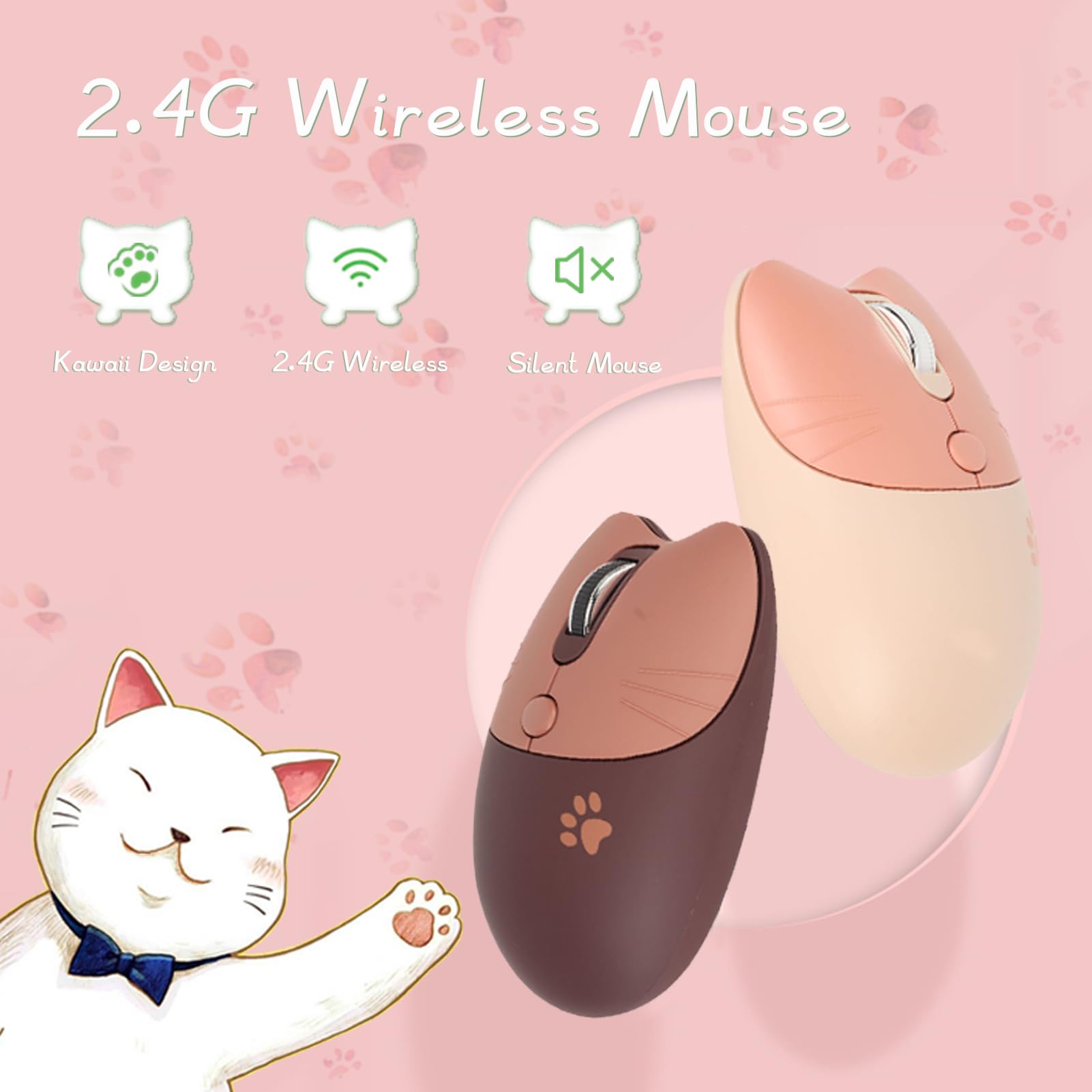 Gugxiom Wireless Mouse, 2.4G Cute Mouse, Kawaii Mouse, Lightweight Soundless Mouse, Portable 3 Levels Dpi Mouse, With Usb Receiv