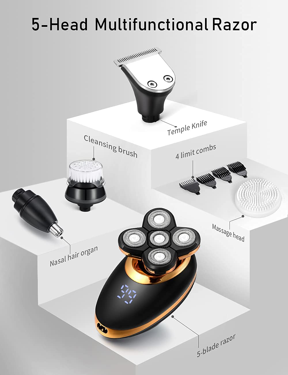 Electric Shavers For Men   5 In 1 Bald Head Shavers For Men, 5D Floating Cordless Usb Rechargeable Rotary Razor Multifunctional