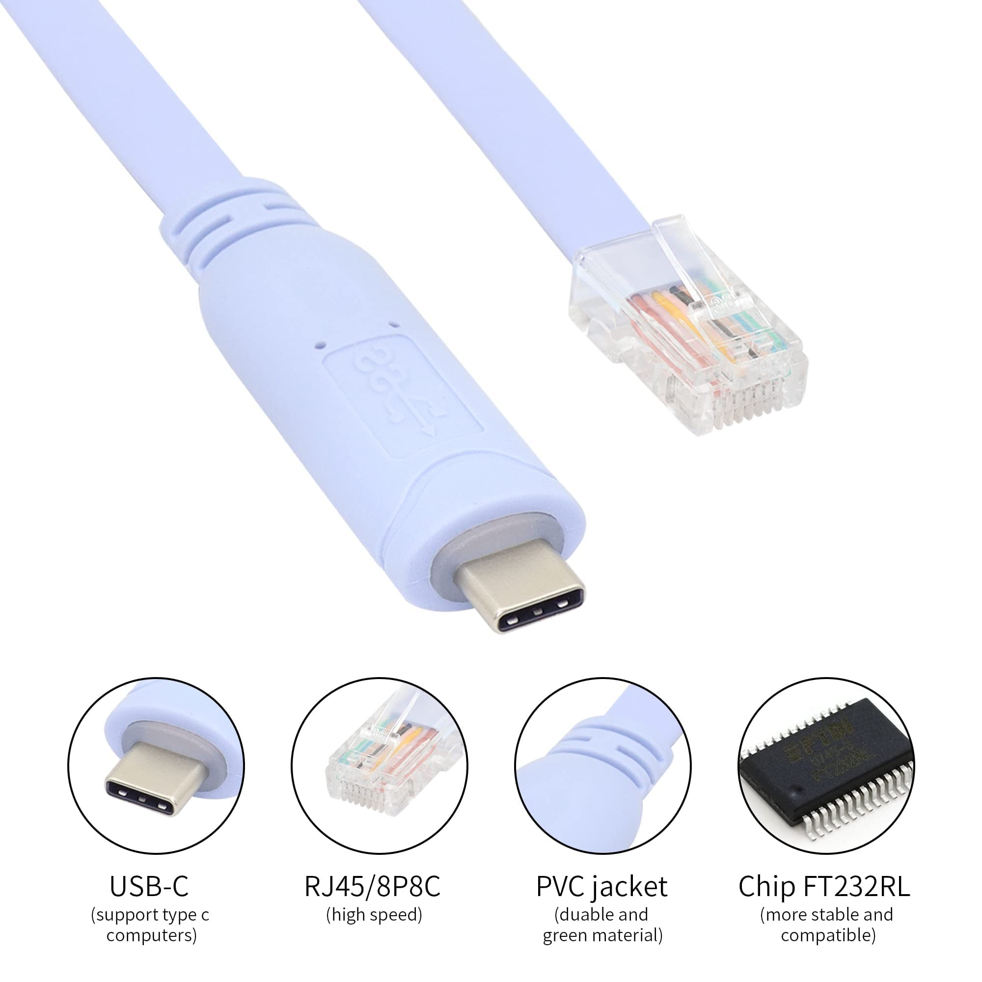 Qianrenon Usb C Cisco Console Cable, Usb C To Rj45 Console Serial Debug Cable With Ftdi Chip, Usb Type C To Rj45 Serial Adapter Cable Compatible With Router, Switch, Firewall, Ap (Wireless), 6 Ft