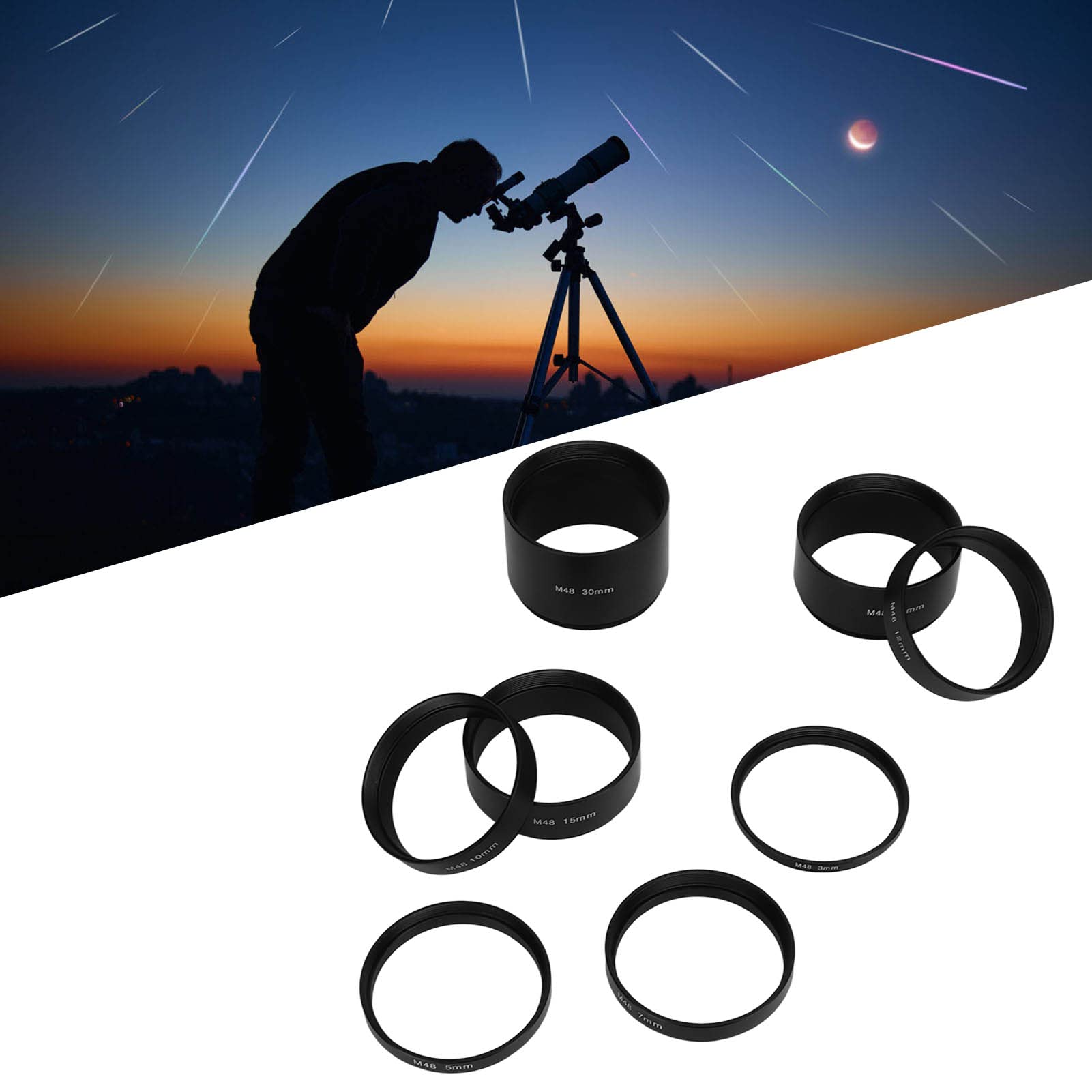 Telescope Extension Tube Set,8 Pcs M48X0.75 Length Extension Tube Kit 3 5 7 10 12 15 20 30Mm Extending For Astronomical Telescop