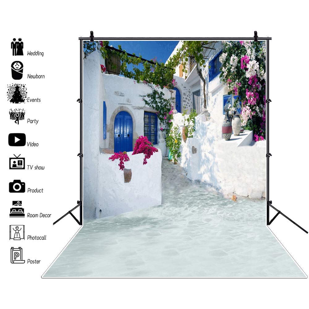 Laeacco 5X7Ft Greece Backdrop Romantic Santorini Wedding Photo Backdrop Aegean Sea Greek Architecture White Stone House Flowers Momma Mia Theme Birthday Party Background Family Party Photo Studio Prop
