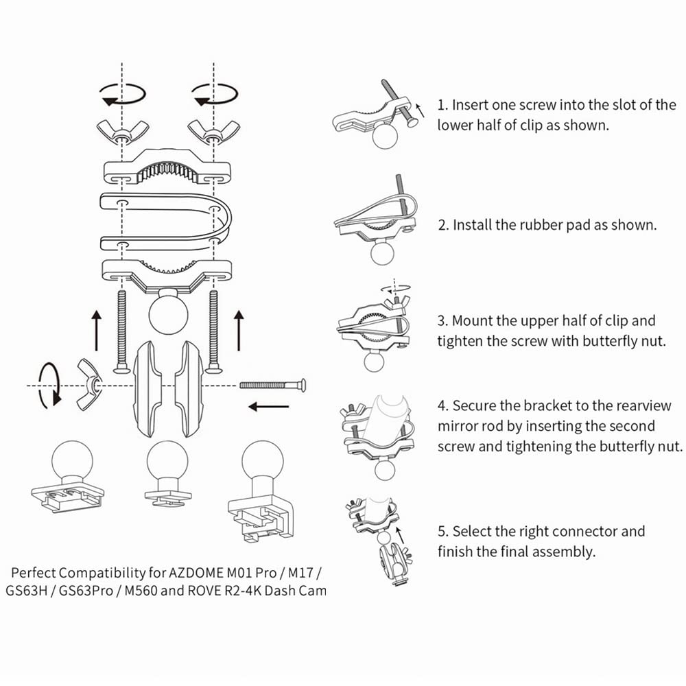 Azdome Dash Camera Mirror Mount Holder Kit, Dash Cam Mount For Rove R2 4K Dashcam, M01 Pro, M17, M16, Gs63H, Gs65H Car Camera