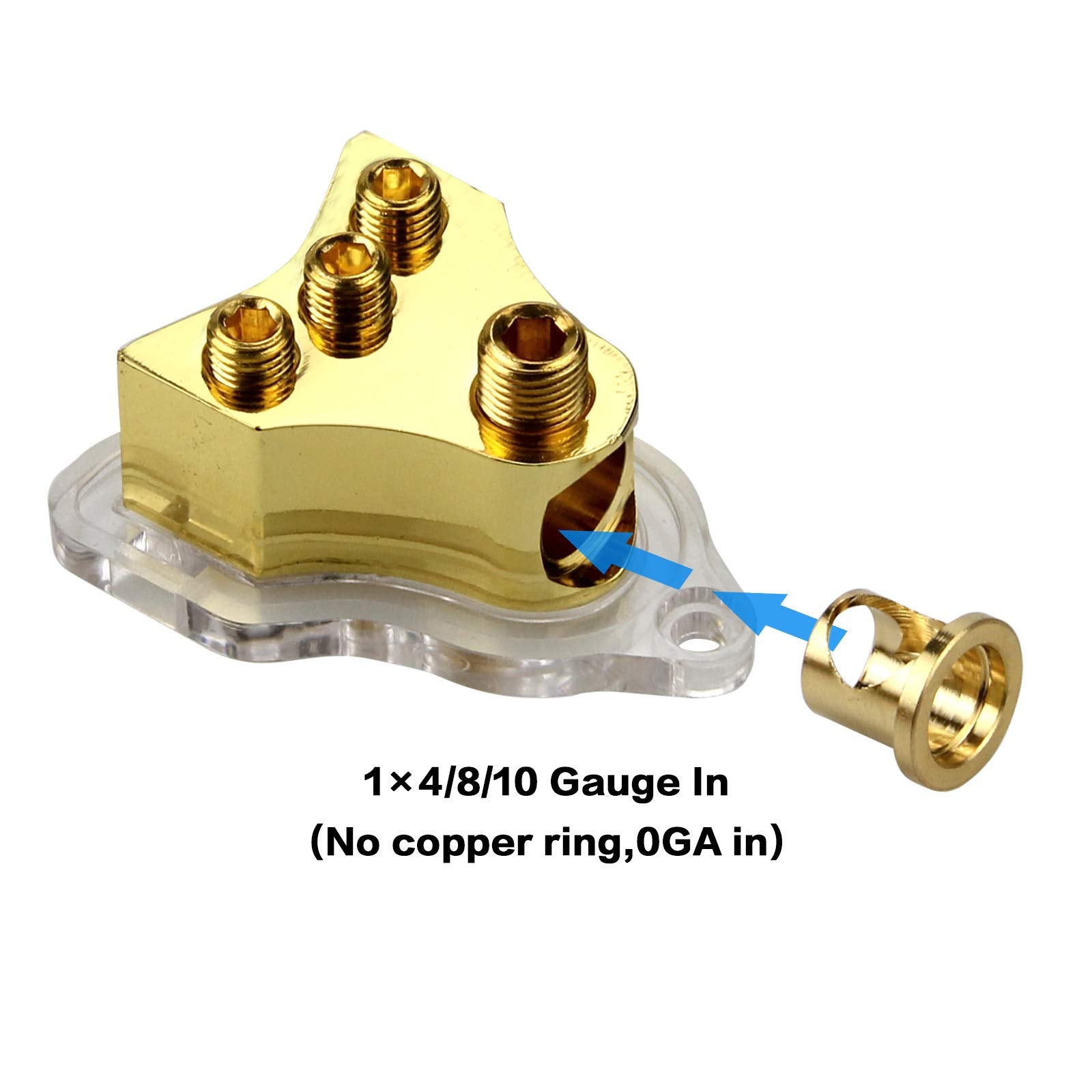 Rkurck 3 Way Copper Power Distribution Block, 0/2/4 Awg Gauge In, 4/8/10 Gauge Out, Car Audio Stereo Amp Distribution Connecting