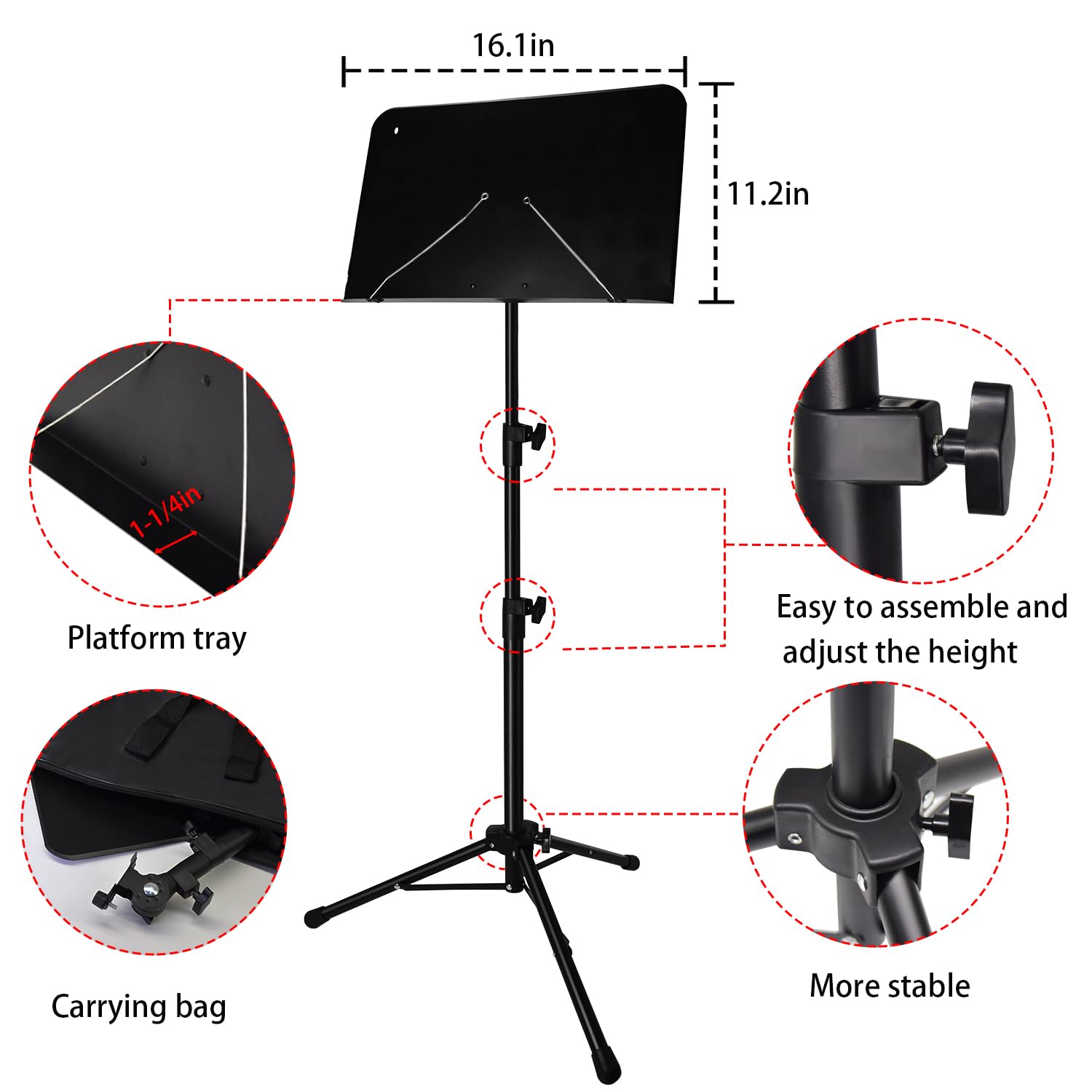Sheet Music Stand With Light And Phone Holder, 57'' Portable Music Stand For Sheet Music High Stability, Height Adjustable Music