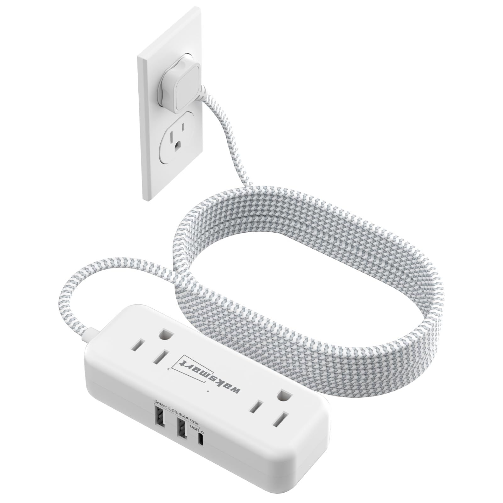 Flat Plug Extension Cord 15 Feet With 4 Ac Outlets 3 Usb Ports (5V/3.4A 17W), 15Ft Long Braided Cord Wall Mountable For Home Off