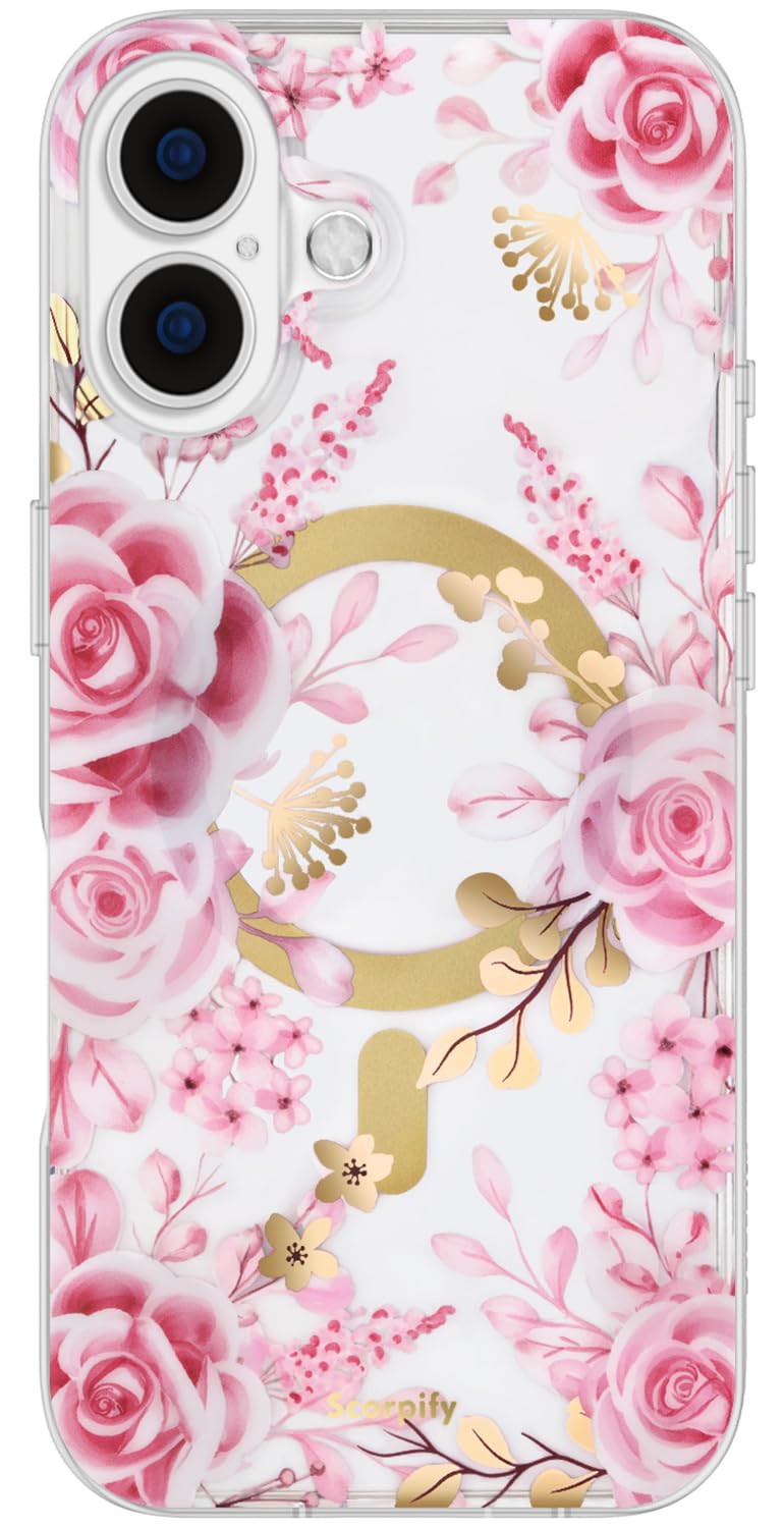 SCORPIFY for iPhone 17 Case [Compatible with MagSafe] with Pastel Pink Rose Floral Design, Cute Clear Flower Magnetic Phone Cove
