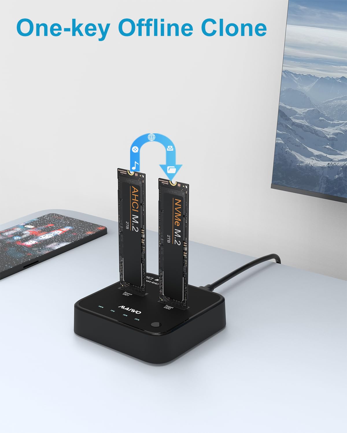 Maiwo Macbook Ahci (M Key B&M Key) Ssd Nvme Duplicator, Usb3.2 Type C 20Gbps M.2 Clone Docking Station, Compatible With M.2 Ssd 2230/2242/2260/2280, Support One Key Offline Clone Function (K3016P2+)