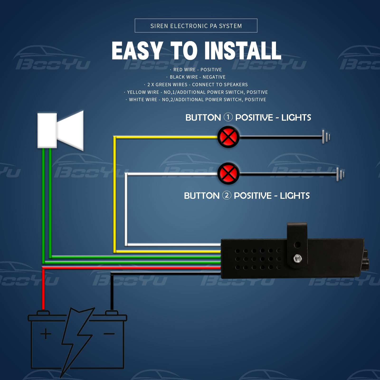 Booyu 9 Tone 12V 200W Warning Emergency Police Siren Pa System [180 Loud Speaker][Handheld Microphone][Hands Free][125 135Db][2