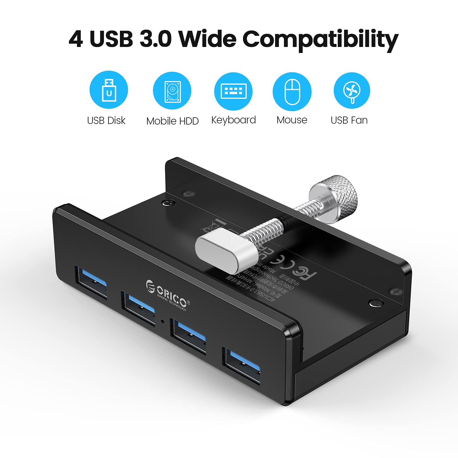 ORICO USB 3.0 Hub, USB Hub Clamp, Aluminum 4 Port USB Splitter with Extra Power Supply Port and 4.92 FT USB Data Cable, Desktop Powered USB Hub for Monitors/Desks Black (Without Power Adapter)