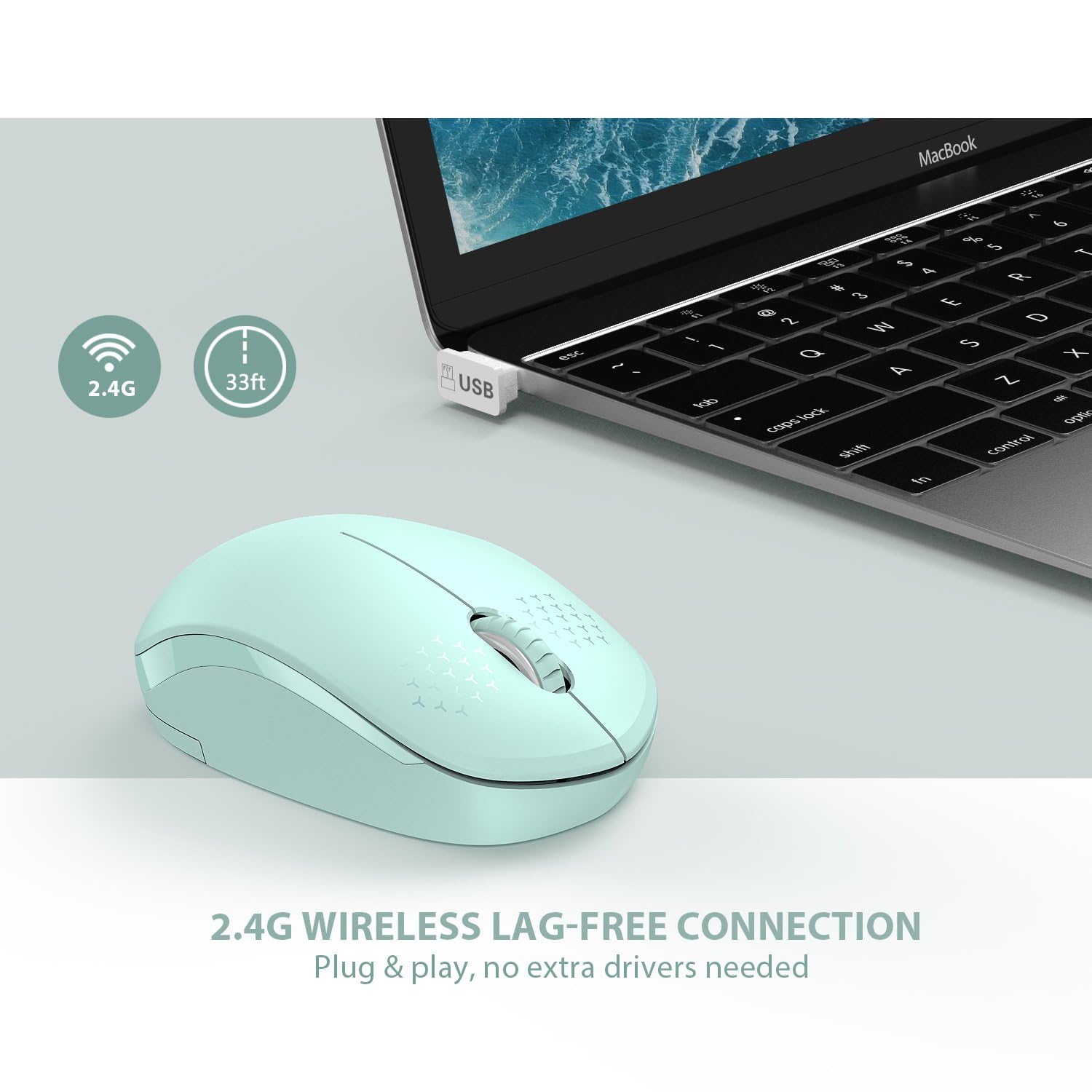Seenda Wireless Mouse, 2.4G Noiseless Mouse With Usb Receiver   Portable Computer Mice For Pc, Tablet, Laptop With Windows System   Mint Green