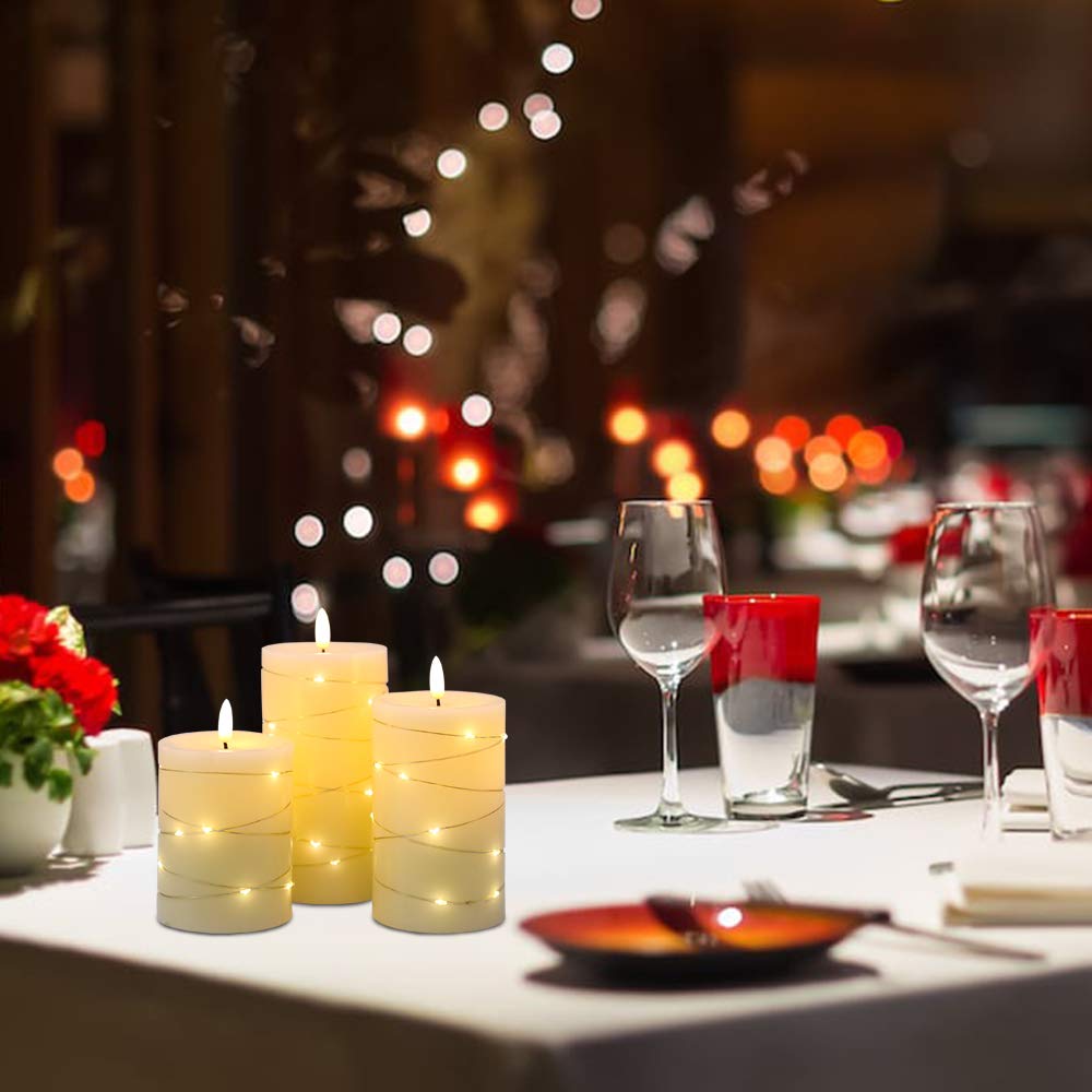 Dromance Flameless Flickering Candles String Light With Remote Timer Set Of 3 Battery Operated Led Pillar Candles Real Wax 3D Wi
