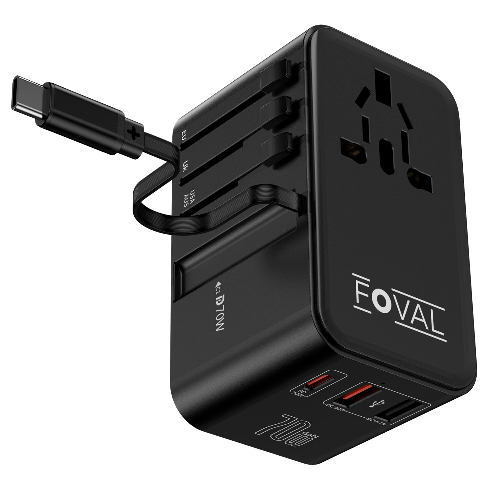 Foval Universal Travel Adapter, 70W Fast Gan International Power Adapter With Retractable Usb C Cable, Usb C &2 Usb A Qc Ports,