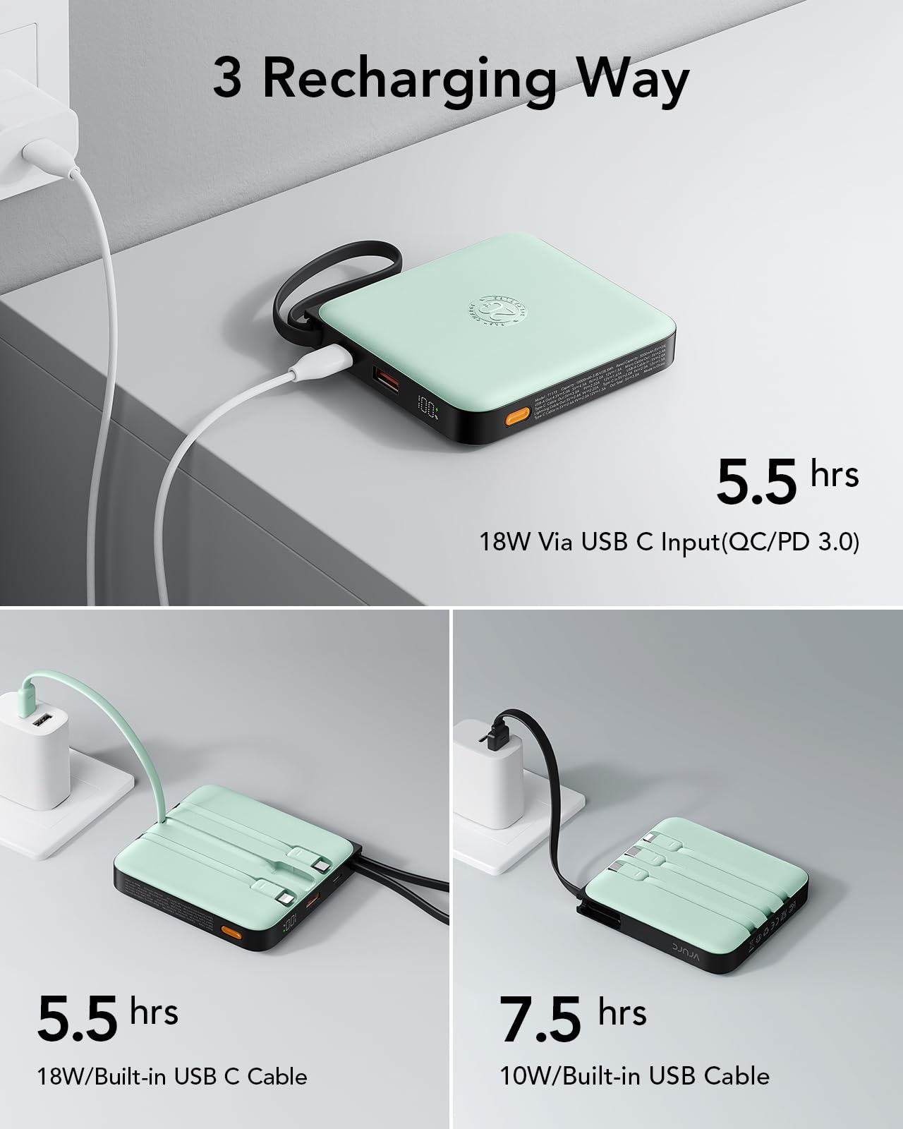 Vrurc Portable Power Bank Built-In Cables, 20000Mah 22.5W Fast Charging Usb C Battery Pack, Phone Charger Battery, For Iphone 16