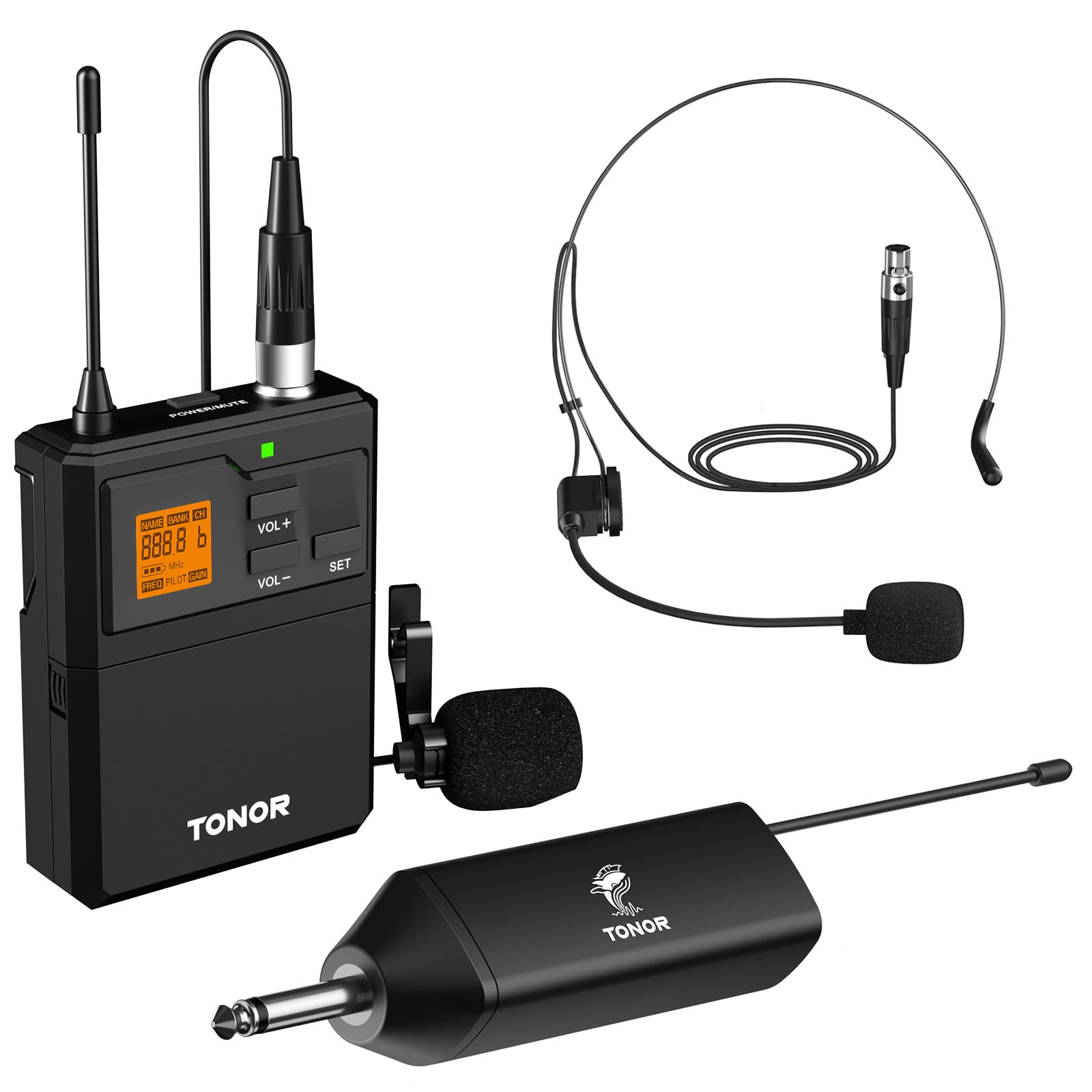 Tonor Uhf Wireless Microphone System With Headset Mic/Lavalier Lapel Mic, Bodypack Transmitter, Rechargeable Receiver, 15 Channe
