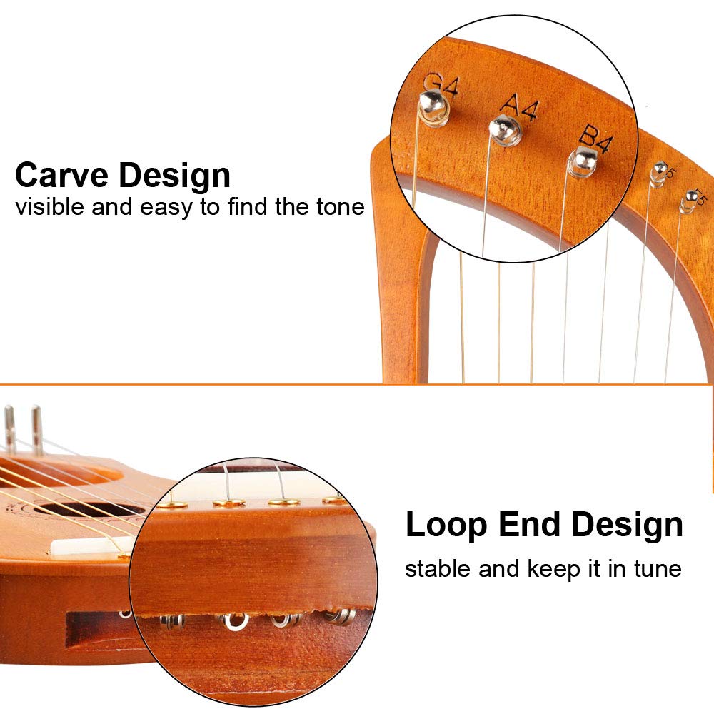 Mr.Power Lyre Harp Ancient Greece Style 7 Metal Strings Lyre With Tuning Wrench Extra String Set And Gig Bag (7 String, Natural Wood)