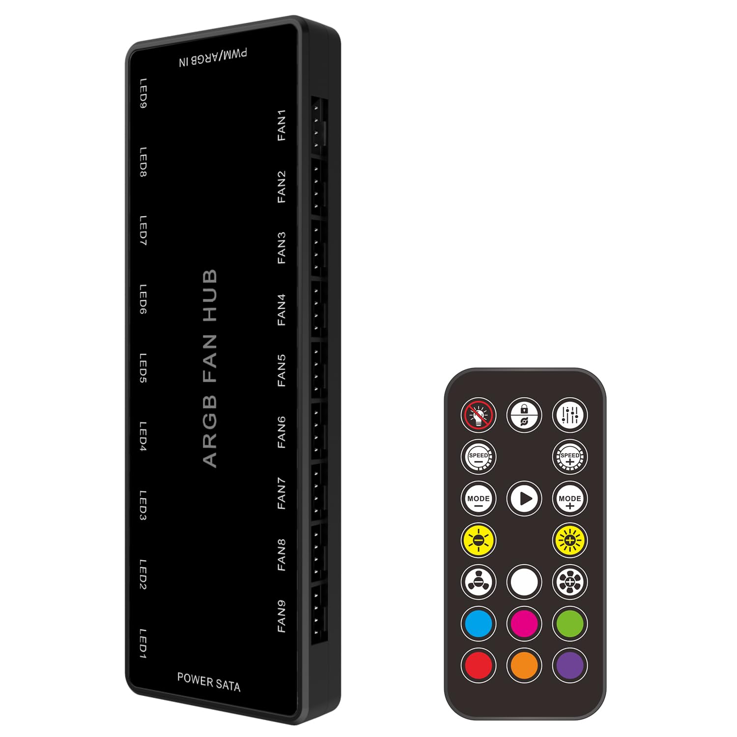 ARGB PWM Fan Hub, Addressable 5V-3PIN ARGB 12V 4PIN PWM 2-in-1 RGB Case Fan Hub with Controller and SATA Power Input, 9 Fan Port