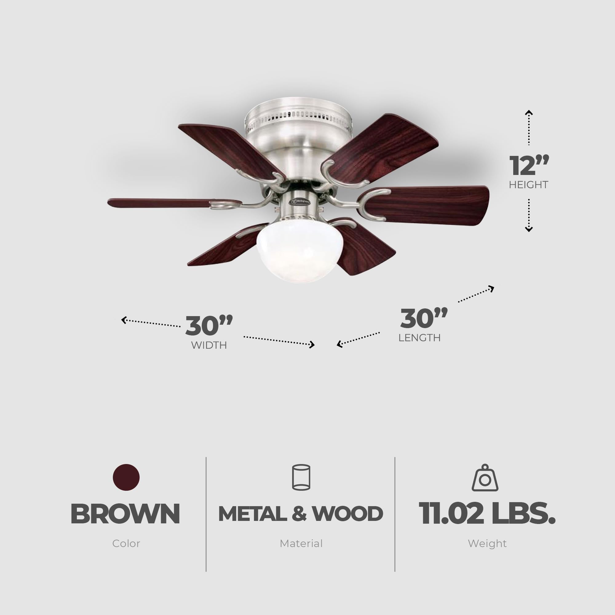 Westinghouse Hadley 30 Inch Brushed Nickel Finish Ceiling Fan With 6 Reversible Blades And Bowl Light Kit With 1 Candelabra Base