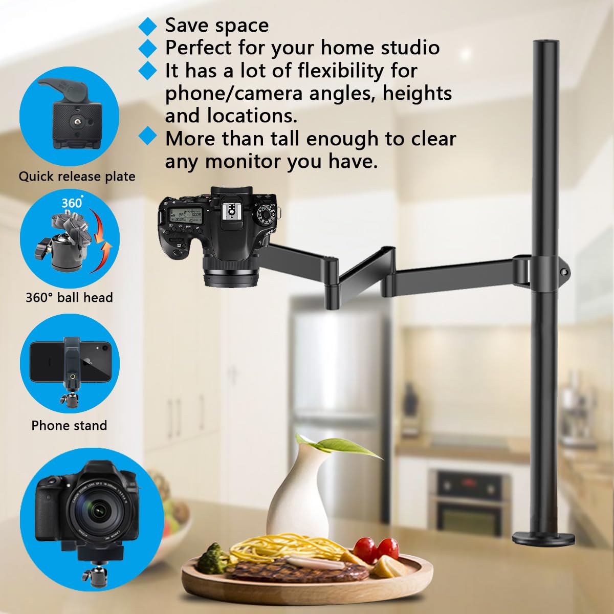 Heavy Desktop Overhead Camera Mount Rig Stand, Top Down Dslr Photography Holder With Flexible Arm And 360 Ball Head, Adjustable