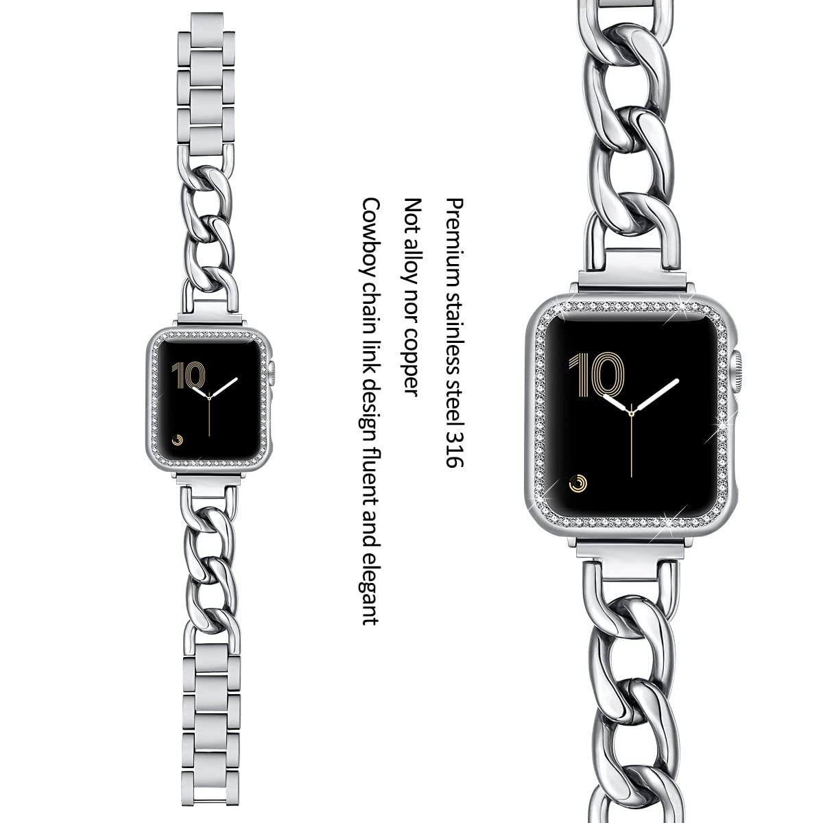 Dilando Cool Chain Metal Link Bands Silver Compatible With Apple Watch 42Mm 44Mm 45Mm Women Men, Stainless Steel Band With Bling