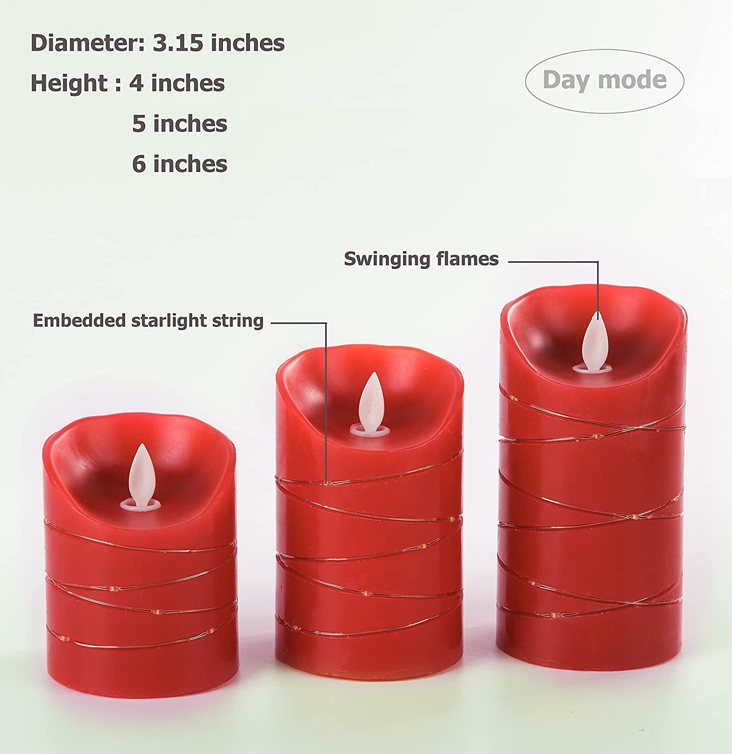 Danip Red Led Flameless Candle With Embedded Star String, 3 Piece Set Of Led Candles, With 11 Button Remote Control, 24 Hour Tim
