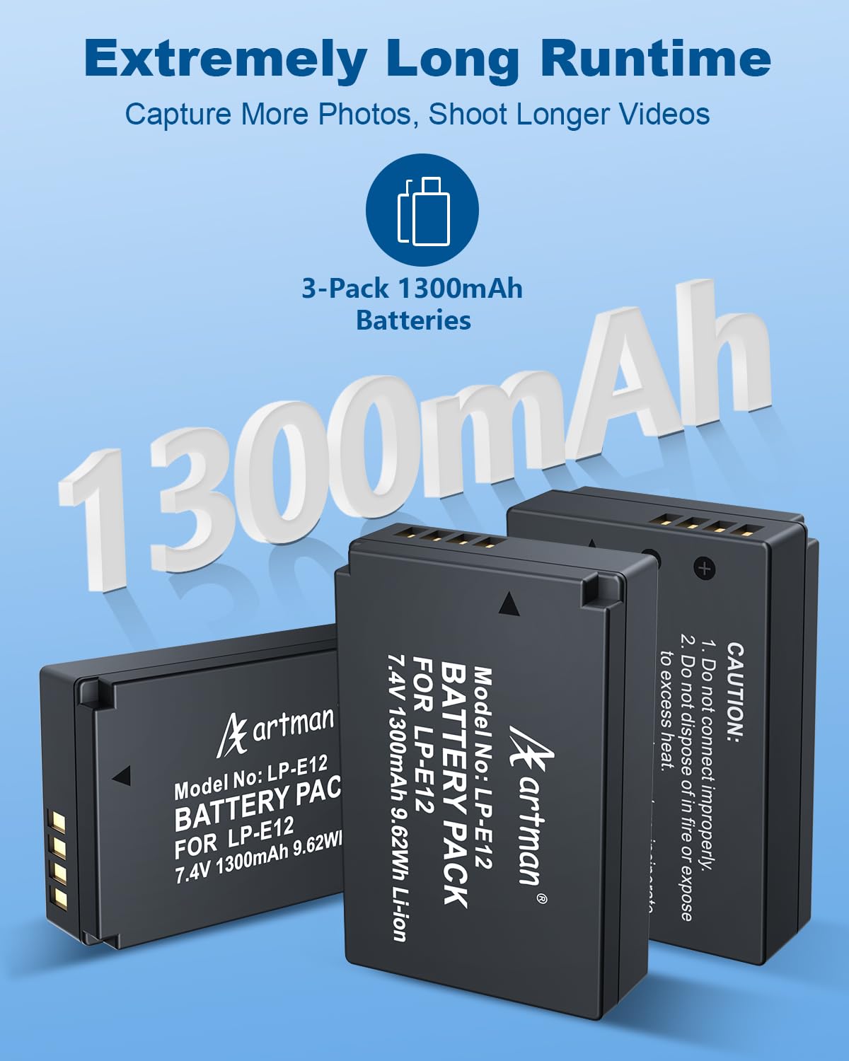 Artman 3 Pack Lp E12 Batteries 1300Mah And 3 Slot Lcd Charger Pack For Canon Eos M50, M50 Mark Ii, M, M2, M10, M100, M200, Rebel