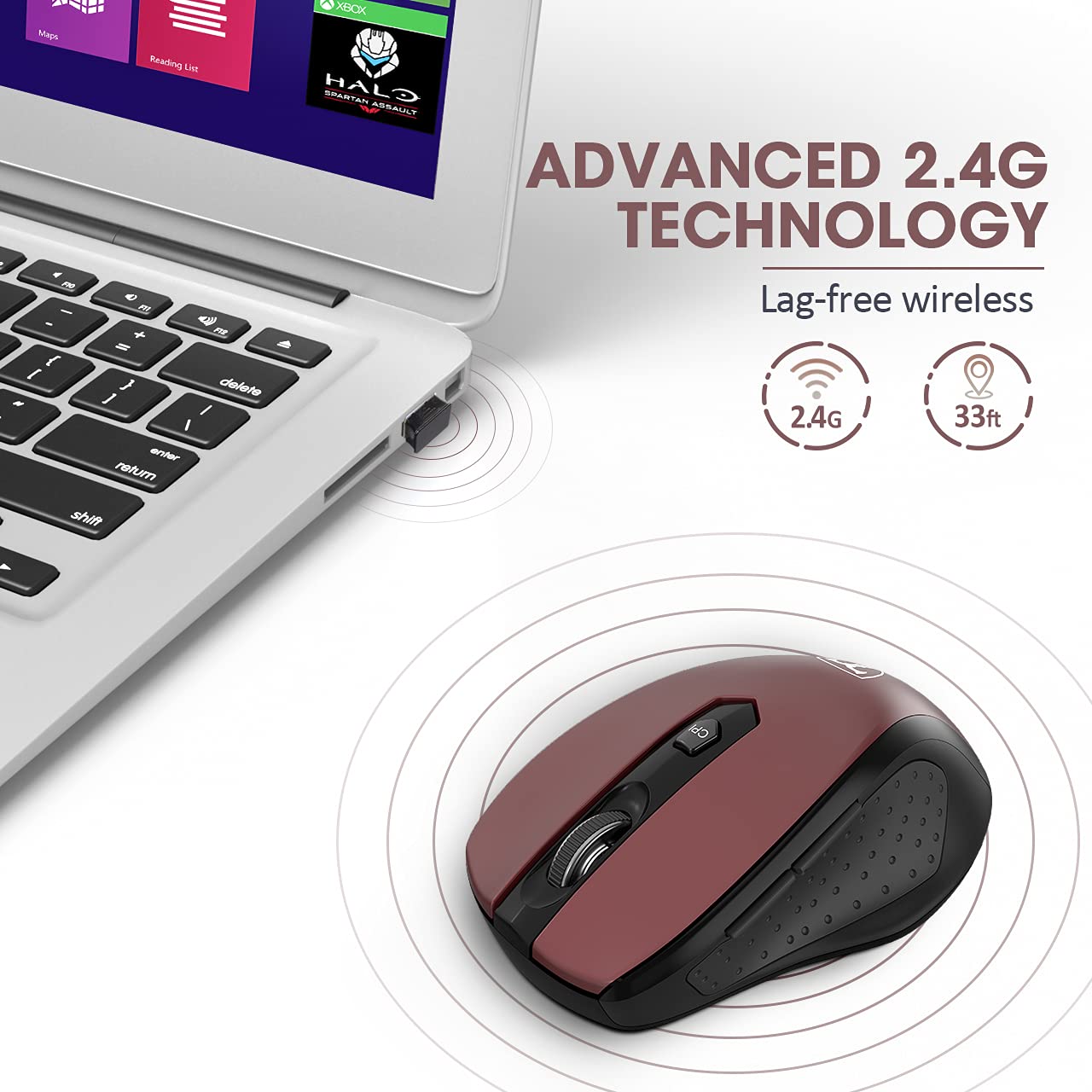 Hotweems Wireless Mouse, D 09 Computer Mouse Usb Cordless Mice For Laptop, Ergo Grips, Lightspeed 5 Level 2400 Dpi, 16 Months Battery, Portable For Pc Mac Chromebook (Red, 1 Pack)