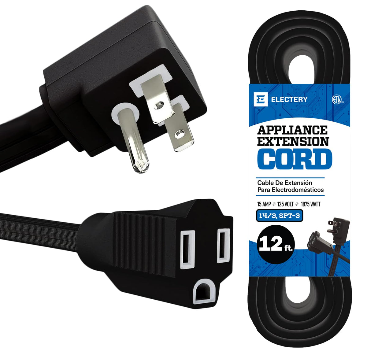 Electery Heavy Duty Appliance Extension Cord, 14 Awg   3 Prong Grounded Flat Plug, Black Power Wire For Indoor Air Conditioner A
