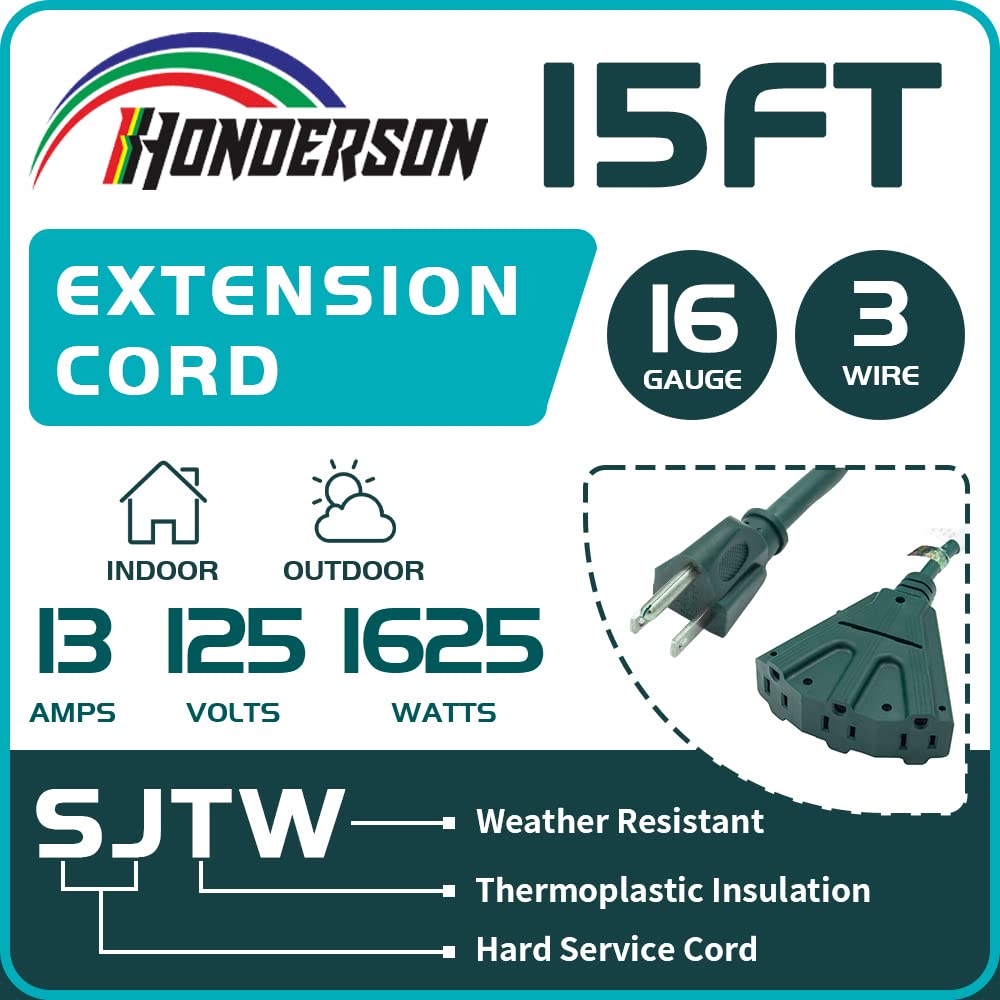 Honderson 3 Outlets Indoor Outdoor Extension Cord Weatherproof, Ul Listed, 16 Gauge 15Ft Green 3 Prong Heavy Duty, 16/3 Sjtw 13A