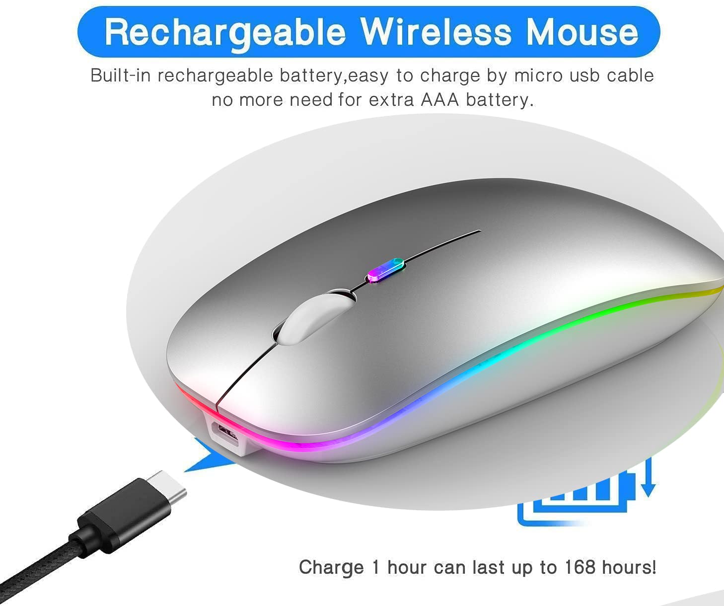 Neises Led Bluetooth Mouse,Bluetooth Mouse For Macbook Pro/Macbook Air/Imac/Mac/Ipad/Ipad Pro,Wireless Mouse For Macboook Air/Macbook Pro/Pc (Silver)