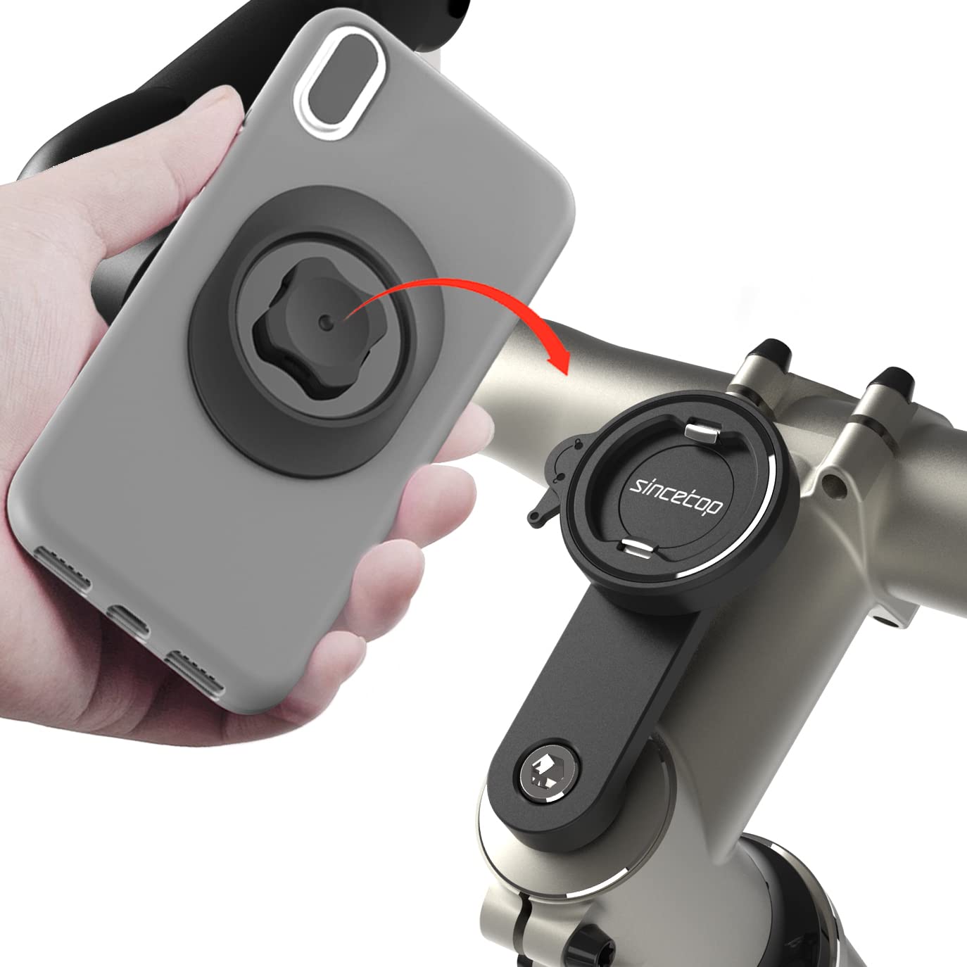 sincetop Bike Phone Mount, Mountain Bicycle Stem Phone Holder - Quick Attach/Release Aluminum Handlebar Phone Mount, MTB Road Bi