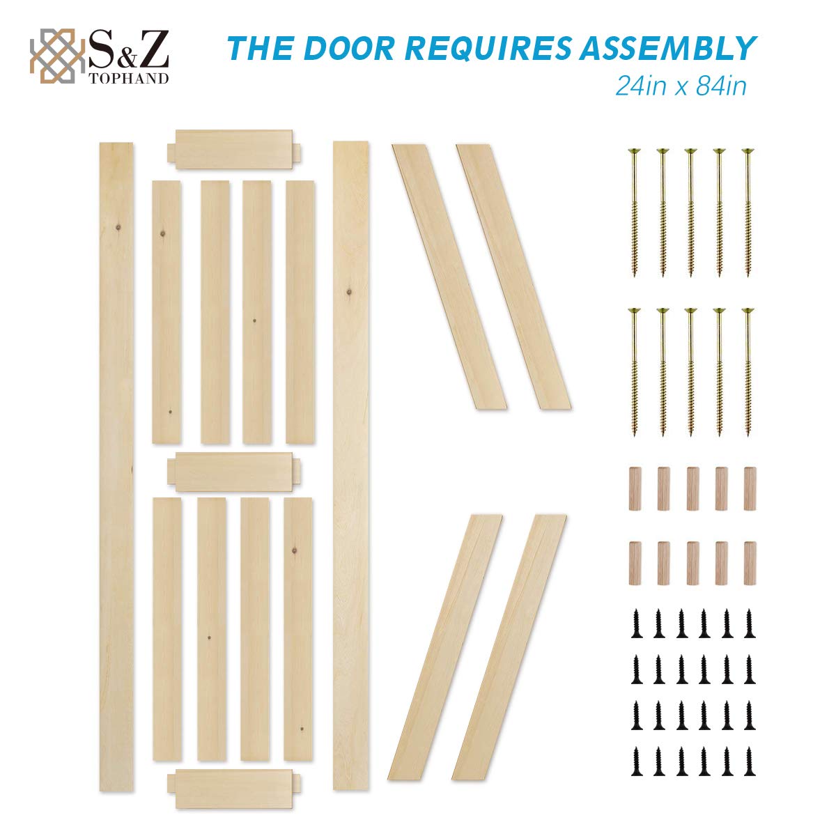 S&Z Tophand 24In X 84In Barn Door, 20-60 In Unfinished British Brace Barn Door/Modern Style/Solid Wood/Simple Assembly Is Requir