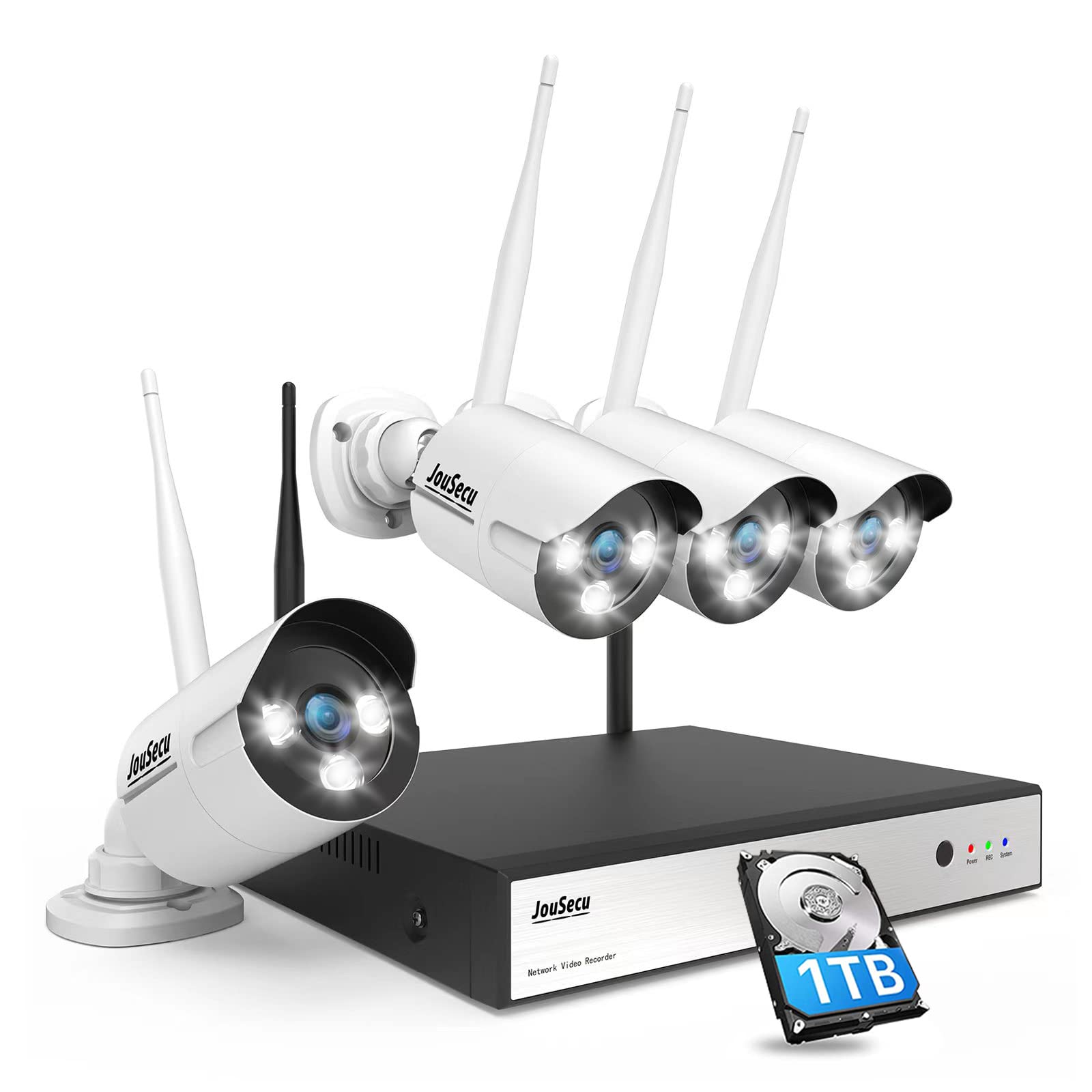 8Ch Wireless Security Camera System, 3Mp Surveillance Nvr Recorder With 1Tb Hdd, 4Pcs Hd Wifi Camera For Indoor And Outdoor Use, Human Motion Detection, Full Color Night Vision,Waterproof