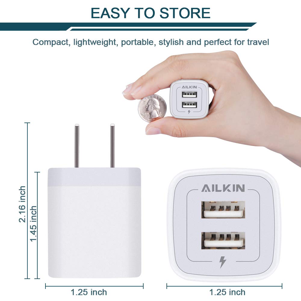 Wall Charger, 3Pack 5V/2.1A Ailkin 2 Port Usb Wall Charger Home Travel Plug Power Ac Adapter Fast Charging Block Cube For Iphone