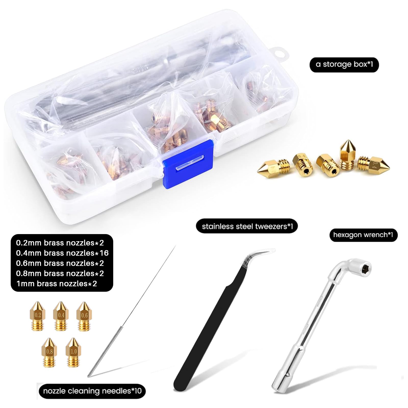 Comgrow 24Pcs Mk8 Nozzles 3D Printer Extruders Brass Nozzles 0.2Mm/0.4Mm/0.6Mm/0.8Mm/1.0Mm, 3D Printer Brass Hotend Nozzles With