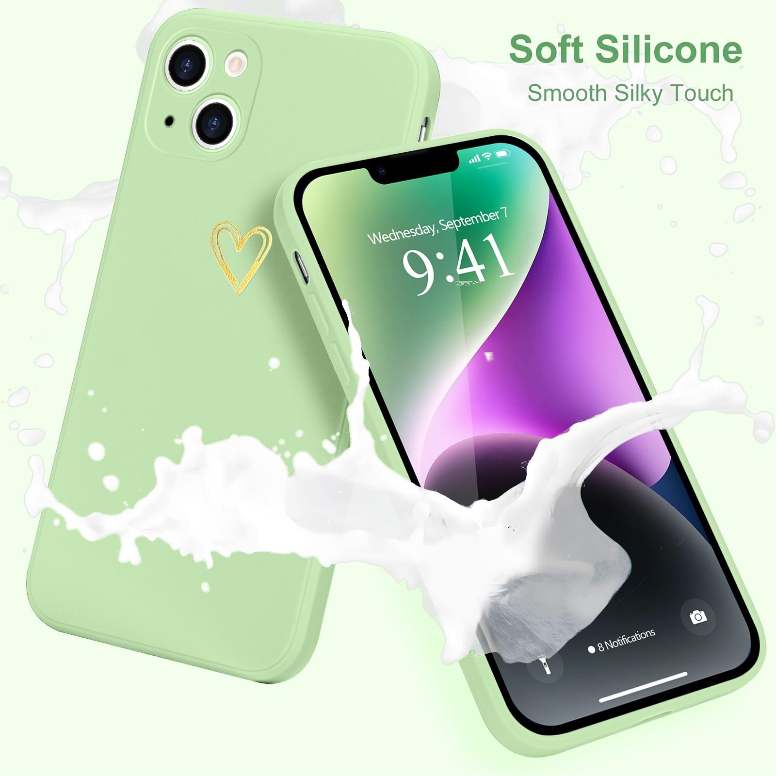 Wirvyuer For Iphone 14 Case Cute Heart Pattern Soft Shockproof Protective Silicone Phone Case For Women Girls, Lime Green