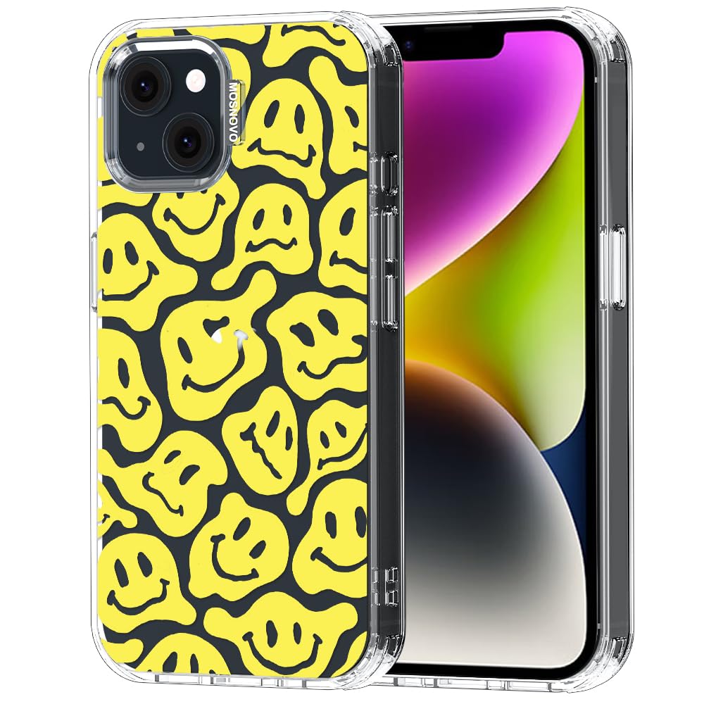 MOSNOVO for iPhone 13/14 Case | Military Grade 6.6ft Drop Tested | Clear with Melted Yellow Smiles Face Design