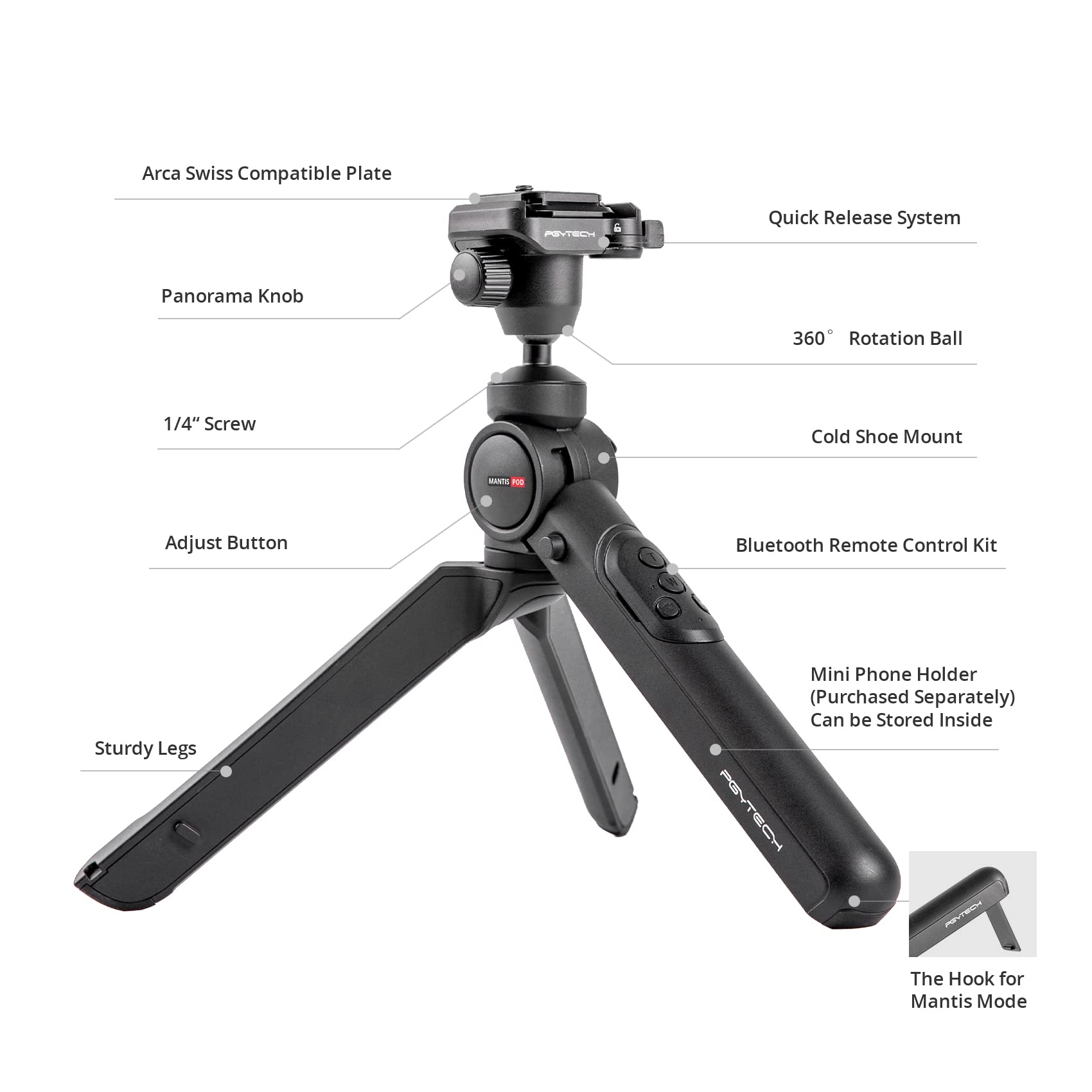 Pgytech Mantispod 2.0 Bluetooth Mini Camera Vlogging Tripod Small Travel Flexible Dslr Pocket Stand Video Vlog Desktop Shooting Selfie Mount With Remote Control