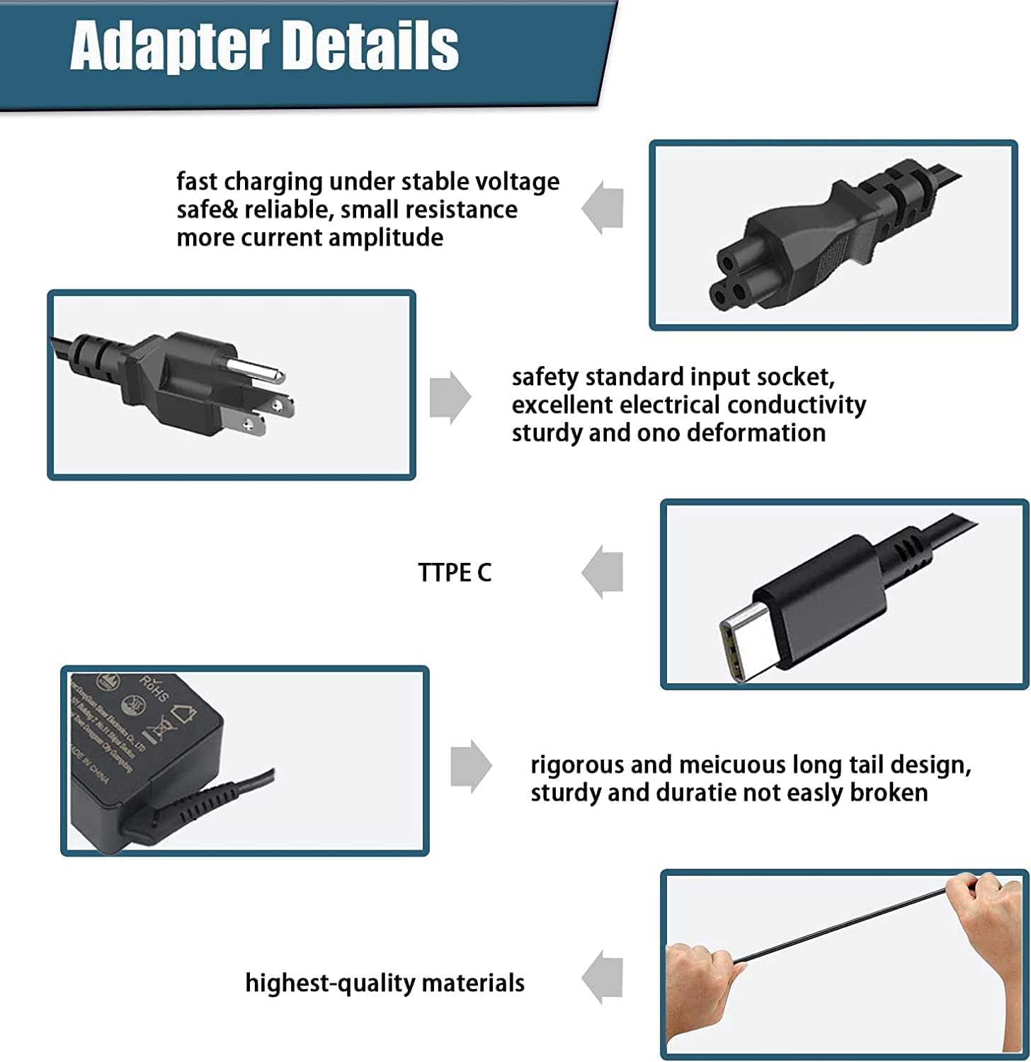 LJO-EEIH 65W USB C Laptop Charger - Universal Type C Fast Charging Adapter for Lenovo Chromebook & ThinkPad, Black