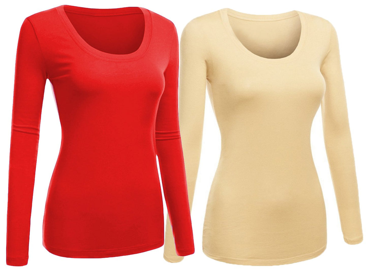 Emmalise Womens Junior And Plus Size Basic Scoop Neck Tshirt Long Sleeve Tee, Medium, 2Pk Red, Khaki