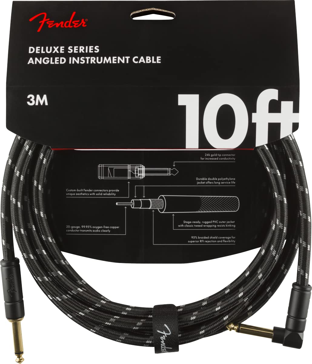 Fender Deluxe Series Instrument Cable, Guitar Cable, Guitar Accessories, Straight/Angle, Black Tweed, 10Ft