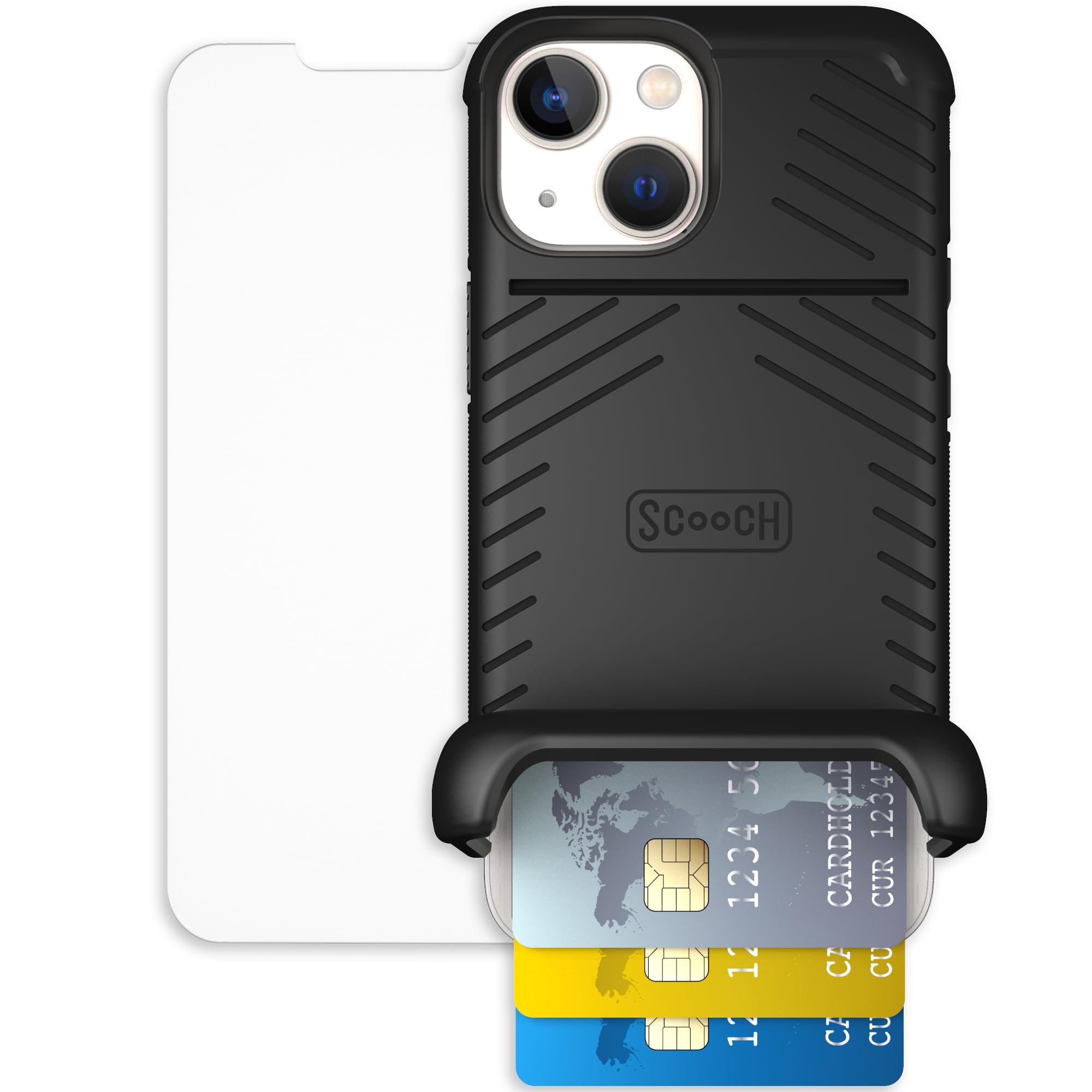 Scooch for iPhone 13 Mini Case with Card Holder, Wingmate Wallet Case Black, Bundled with Tempered Glass Screen Protector