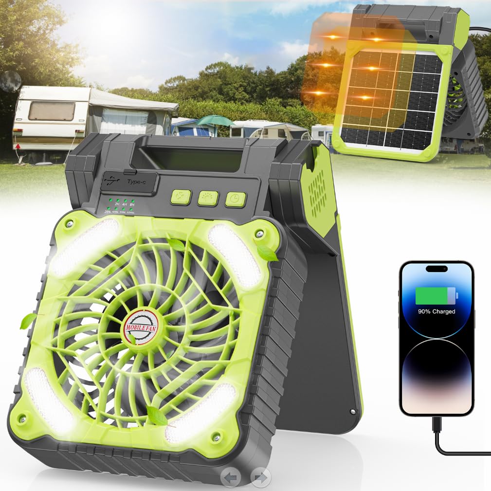 Dowilldo Solar Powered Fan For Camping, 10400Mah Rechargeable Battery Operated Portable Fan With Led Lantern, 4 Speeds Powerful