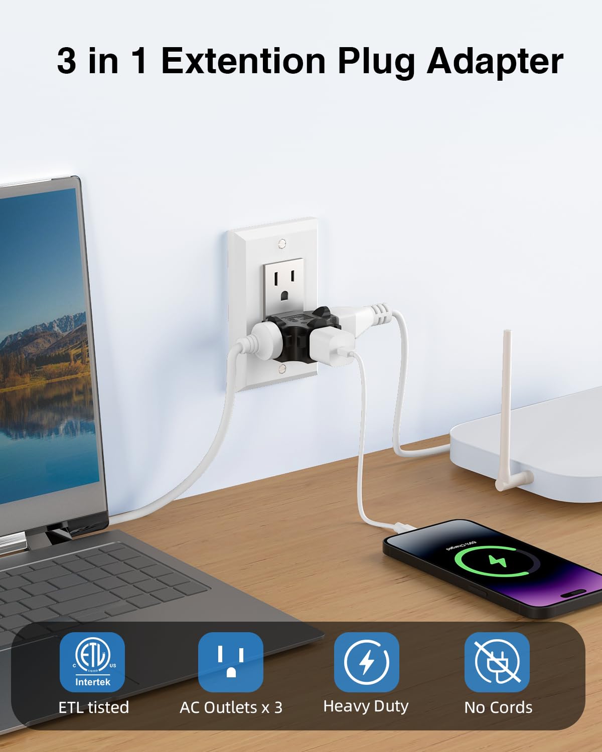 K Kasonic   3 Outlet Grounding Adapter, Multiple Plug Outlet Extender, Power Splitter, [Etl Listed] Heavy Duty Grounded Power Ta