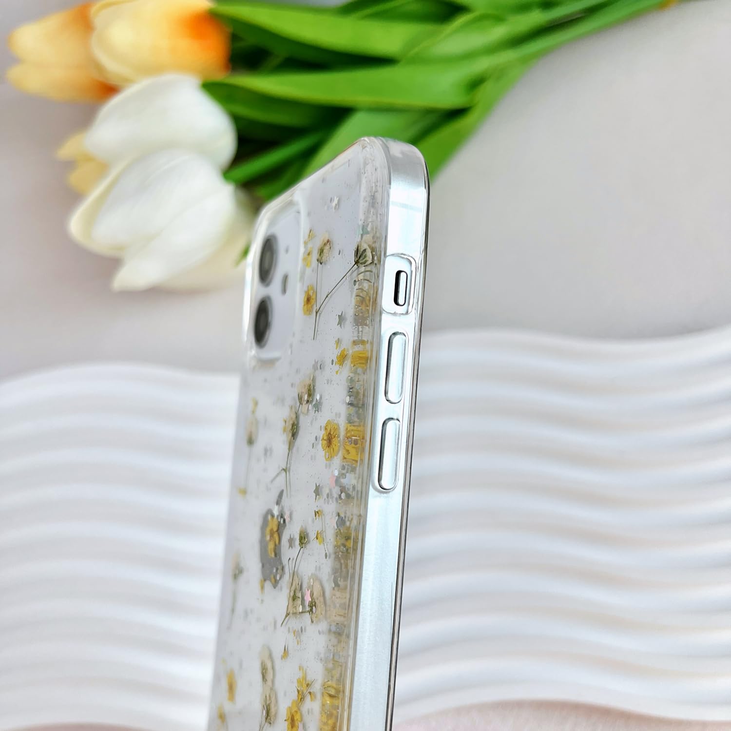 Lseeka For Iphone 12/12 Pro Clear Case With Pressed Real Flowers Design,Glitter Cute Yellow Floral Pattern Slim Soft Tpu Protect